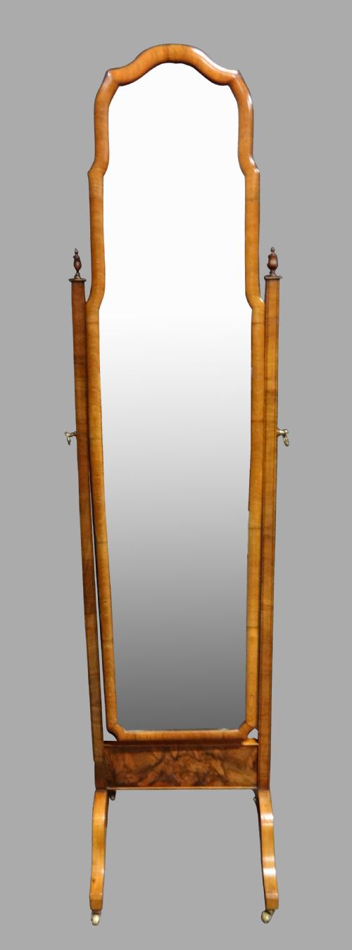 Very Good Burr Walnut Cheval Dressing Mirror