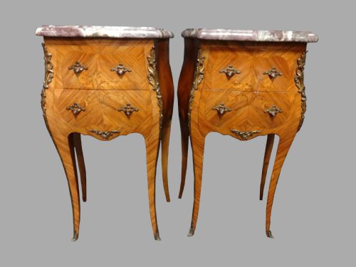 Superb Pair French Tulipwood Marquetry Bedside Lamp Chests of Drawers