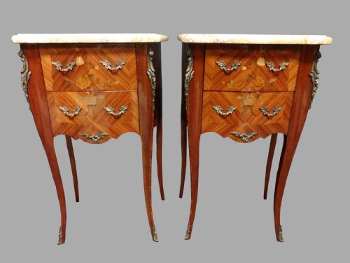 Good Pair French Marquetry Bedside Lamp Chest of Drawers