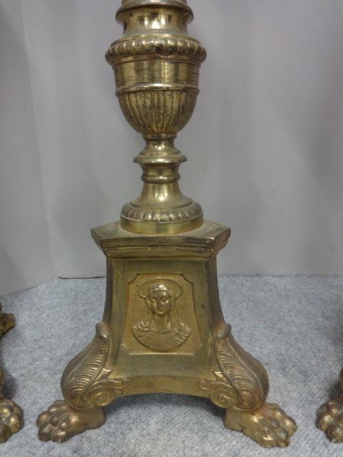 RARE SET OF FOUR FRENCH BRASS CHURCH CANDLESTICKS - ADDITIONAL PHOTO 1