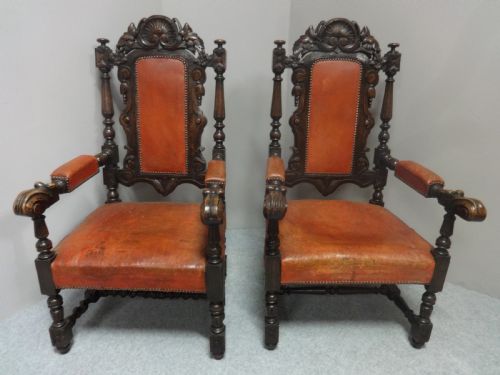 Good Pair Leather Covered Oak Throne Carver Chairs