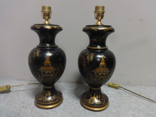 Good Pair Laquered and Wood Table Lamps