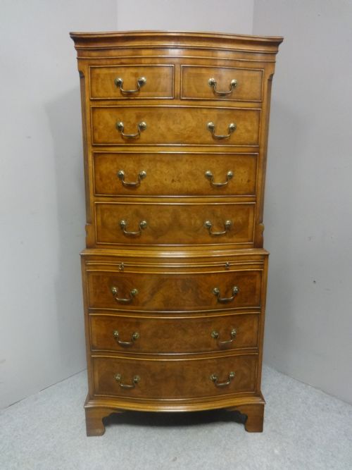 Serpentine Burr Walnut Chest on Chest of Drawers