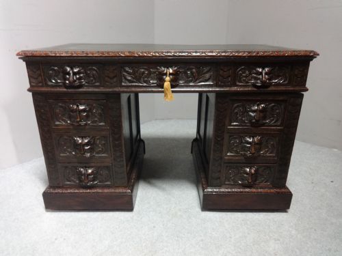 Solid Oak Green Man Carved Oak Pedestal Desk