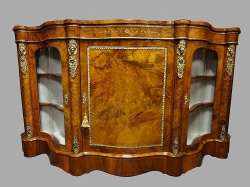 Superb Victorian Burr Walnut Inlaid Serpentine Credenza