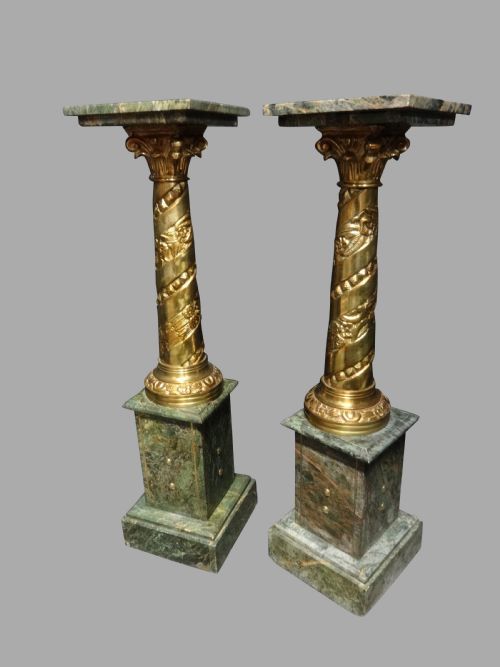 A Good Pair Green Marble and Brass Pedestals