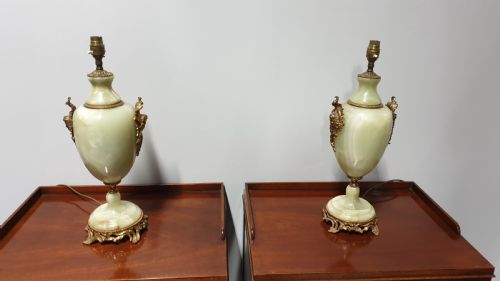 Wonderful Pair of Large Onyx and Ormolu Lamps