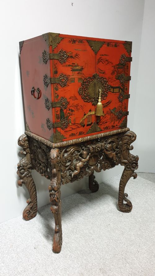 Antique Chinoiserie Red Lacquer Cabinet on  Stand Fitted Interior C1900