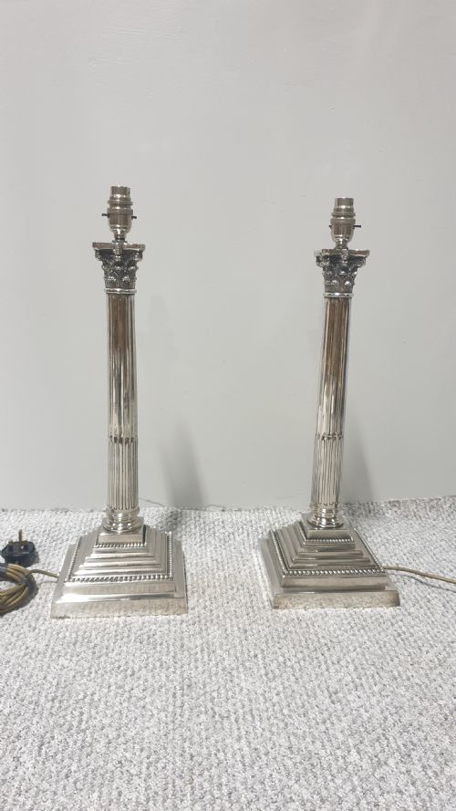 Wonderful Pair Corinthian Silver Column Lamps