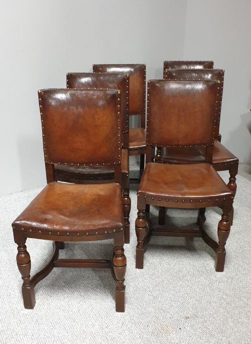 Set Six Hide Covered Oak Chairs