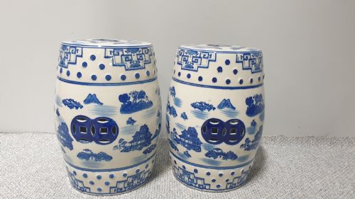 Pair Chinese Willow Pattern Garden Seats