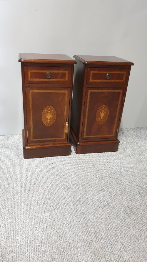 Pair Mahogany Inlaid Bedside Lamp Cabinets
