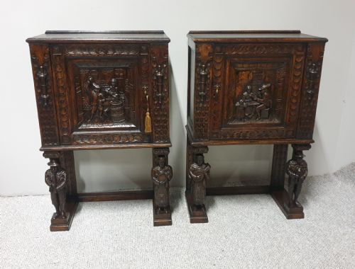 Superb Pair Oak Carved Cabinets
