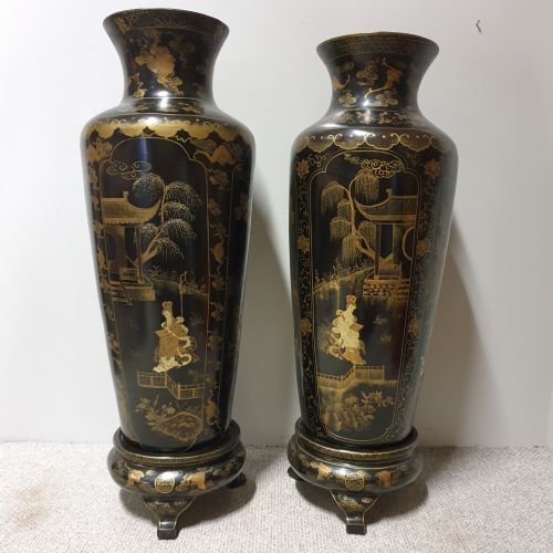 Wonderful Pair of Huge Paper Mache Laquered Vases
