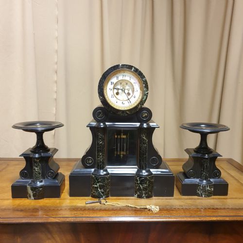 Wonderful French Slate and Marble Clock Garniture