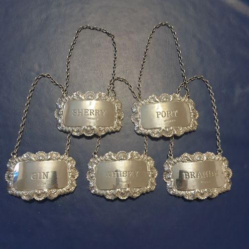Set Five Hallmarked Silver Bottle Decanter Labels