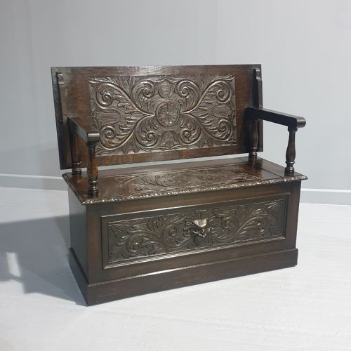 Excellent Green Man Oak Monks Bench