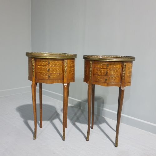 Pair French Oval Parquetry Bedside Lamp Tables