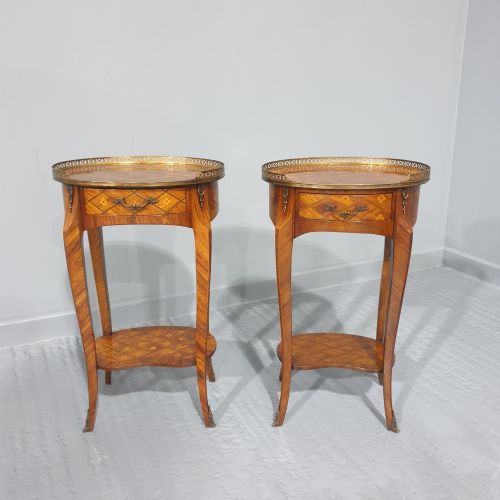 Superb Near Pair Oval Marquetry Bedside Lamp Tables