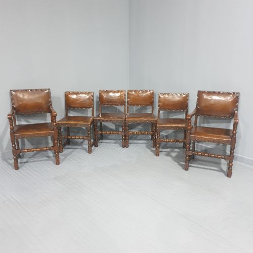Seat Six Oak and Hide Covered Dining Chairs