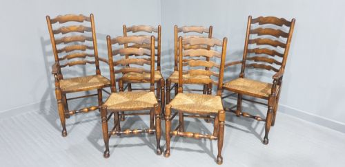 fig 1. Good Set Six Oak Ladder Back Dining Chairs