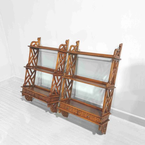 Pair Pierced Mahogany Hanging Wall Shelves