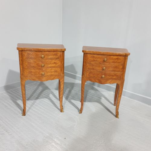 Oversized Pair French Marquetry Bedside Lamp Tables