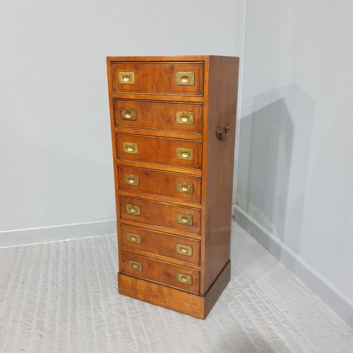 Super Yew Wood Campaign Chest of Drawers of Small Proportions