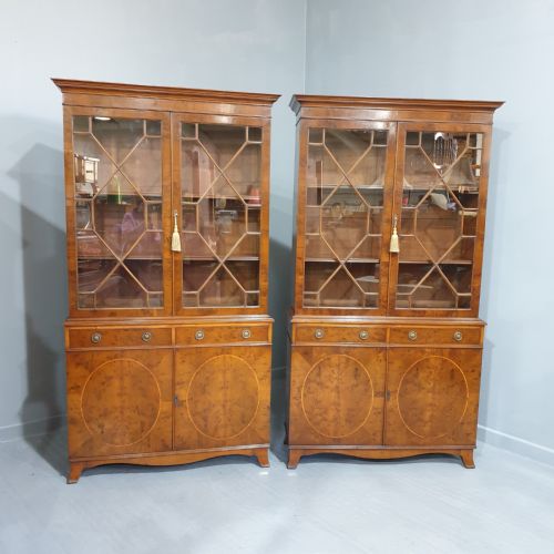 Superb Pair Inlaid Yew Bookcases