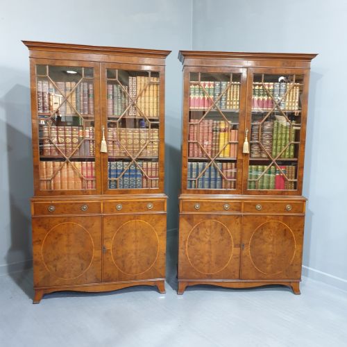 fig 1. Superb Pair Inlaid Yew Bookcases