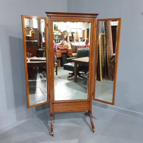 Superb Satinwood Inlaid Tryptic Cheval Mirror