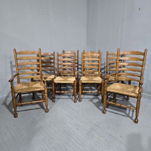Superb Set Eight Rush Seat Ladder Back Dining Chairs