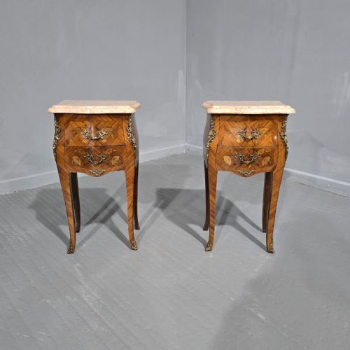 Pair French Marquetry Bedside Lamp Tables