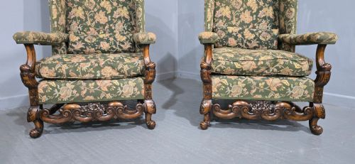 PAIR JACOBEAN WALNUT WING LIBRARY ARMCHAIRS - ADDITIONAL PHOTO 3