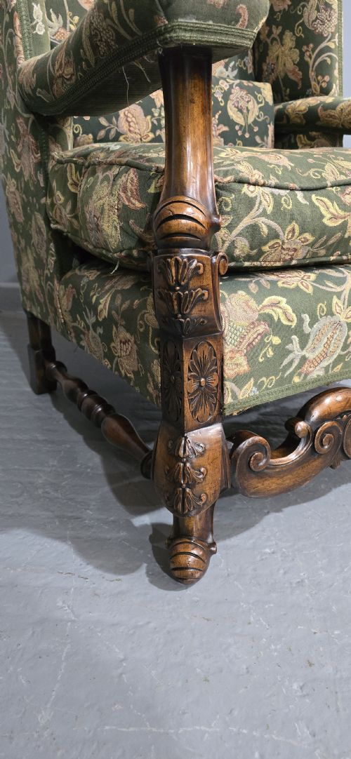 PAIR JACOBEAN WALNUT WING LIBRARY ARMCHAIRS - ADDITIONAL PHOTO 5