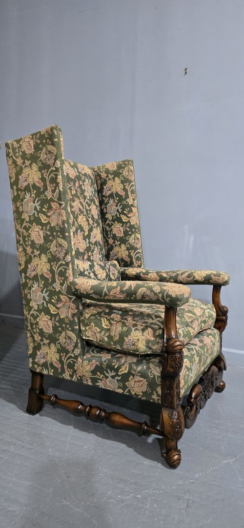 PAIR JACOBEAN WALNUT WING LIBRARY ARMCHAIRS - ADDITIONAL PHOTO 6