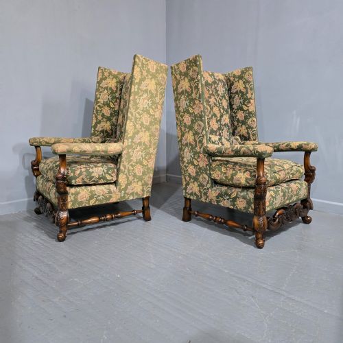 PAIR JACOBEAN WALNUT WING LIBRARY ARMCHAIRS - ADDITIONAL PHOTO 8