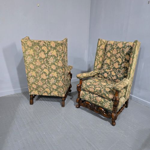 PAIR JACOBEAN WALNUT WING LIBRARY ARMCHAIRS - ADDITIONAL PHOTO 10
