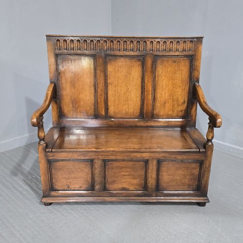 Superb Oak Panelled Monks Bench