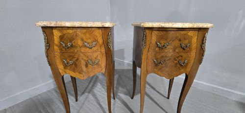 fig 1. Pair French Marquetry Bedside Lamp Chest of Drawers