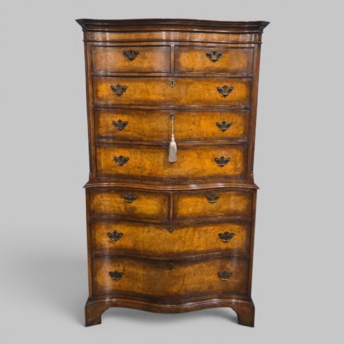 SUPERB SERPENTINE BURR WALNUT CHEST ON CHEST OF DRAWERS