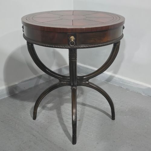 fig 1. A circular mahogany occasional centre table with a segmented veneered top, brass lion mask handle, and curved reeded legs.