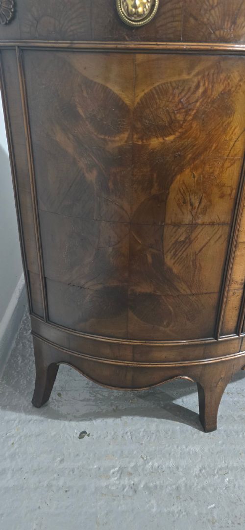 A semi-circular burr yew wood side cabinet featuring brass mounts along the frieze and central double doors. View V