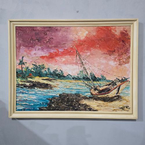 fig 1. A framed impasto oil painting depicting a sailboat on a beach shoreline under a vibrant pink and red sky.
