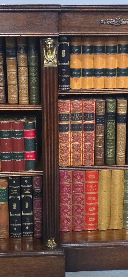 An antique Empire style breakfront low mahogany bookcase featuring three sections of open adjustable shelves filled with books and adorned with gilt bronze mounts and fluted pilasters. View V