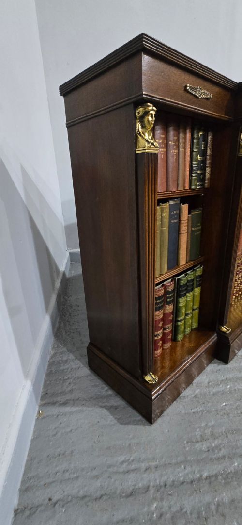 An antique Empire style breakfront low mahogany bookcase featuring three sections of open adjustable shelves filled with books and adorned with gilt bronze mounts and fluted pilasters. View XII