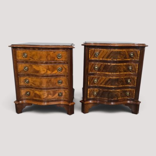 Pair Serpentine Mahogany Bedside Lamp Chests of Drawers