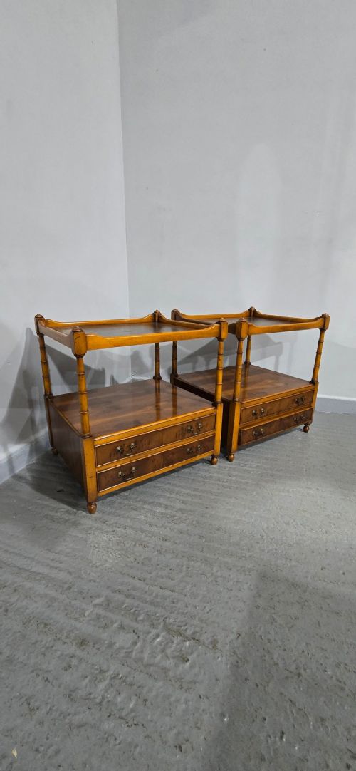 A pair of yew wood lamp tables featuring dark green leather inset tops, a middle shelf, two drawers with brass handles, and turned corner columns. View VIII