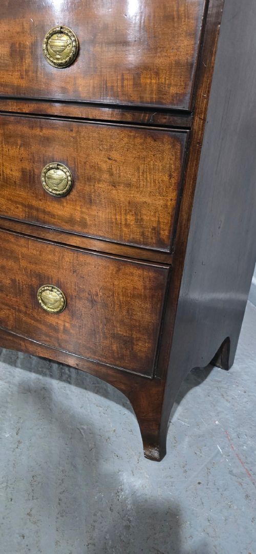 A Georgian mahogany bowfront chest of drawers featuring four graduated drawers with oval brass handles and splayed feet. View XIV
