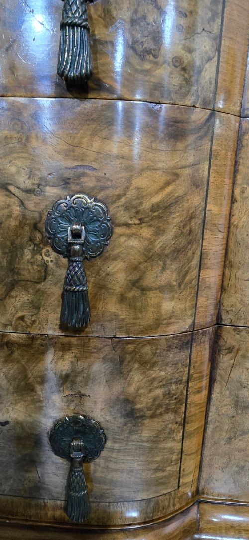 An antique burr walnut linen press featuring an upper drawer section and lower double-door cupboard supported by carved ball and claw feet. View IX